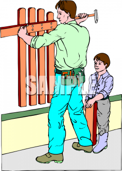 Boy Watching A Man Build A Wooden Fence Clipart Picture C Djart 5924